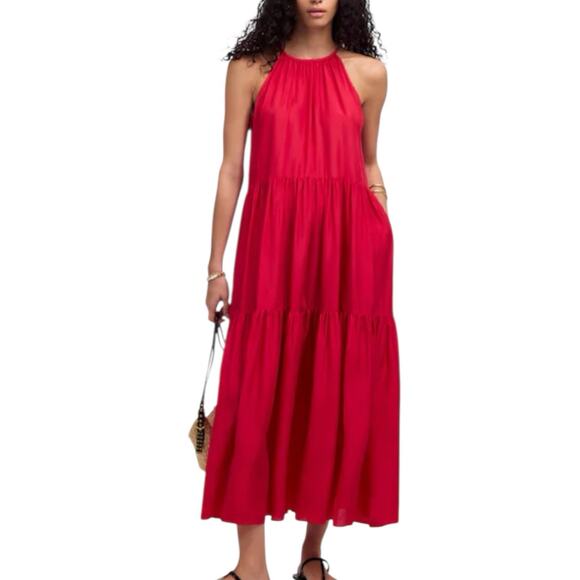 NWT Madewell Habotai Silk Tiered Halter Dress Watermelon Red High Neck Size XXS